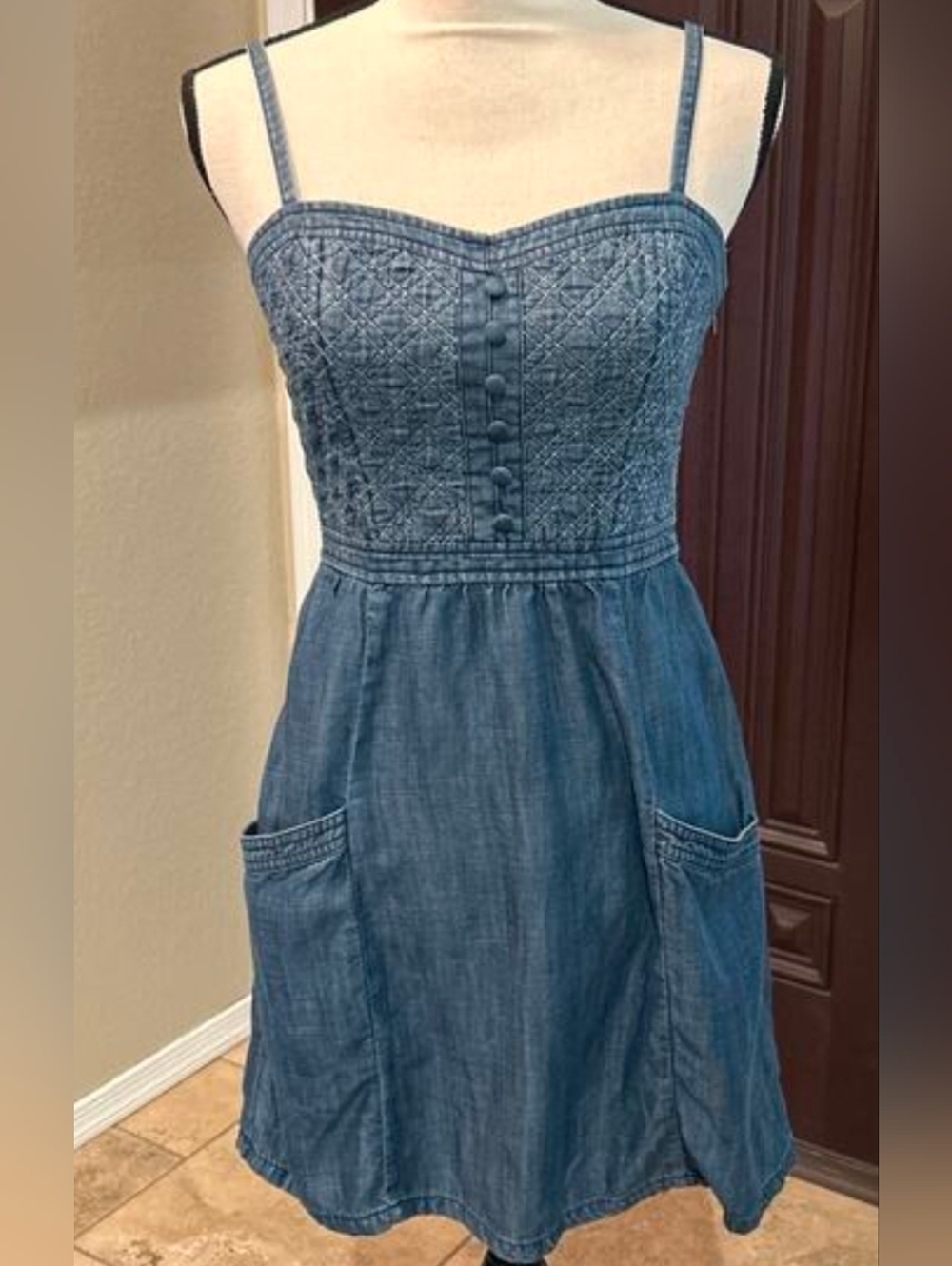 American Eagle Outfitters Blue Denim Mini Dress with Smocked Bodice